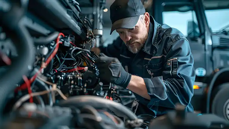 Mechanic working on semi truck wiring