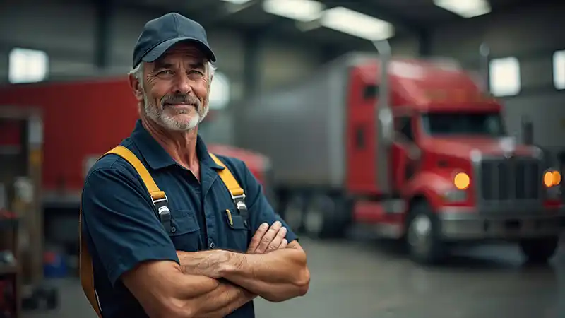 Mechanic in truck repair facility with trucks out of focus in the background