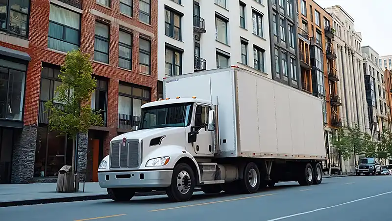 White commercial box truck making deliveries in the city