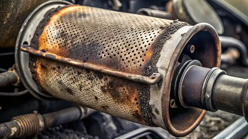 Dirty diesel particulate filter exhibiting heavy soot accumulation, highlighting the need for regular maintenance