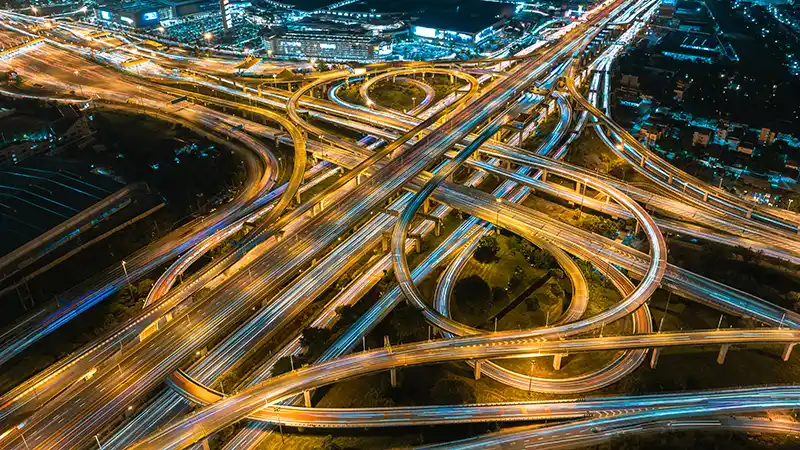 View from above at night of complex road system