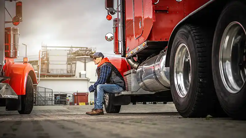 Truck driver sitting an his semi truck thinking