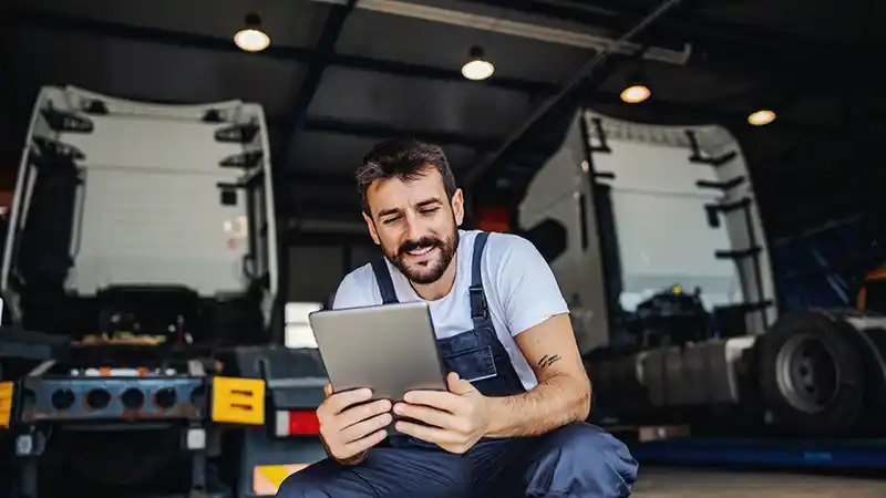 Truck driver in service center look over check list for maintenance to his two semi trucks.
