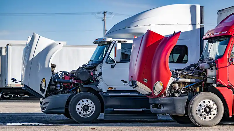Two broken down trucks sitting in parking lot with hoods up.