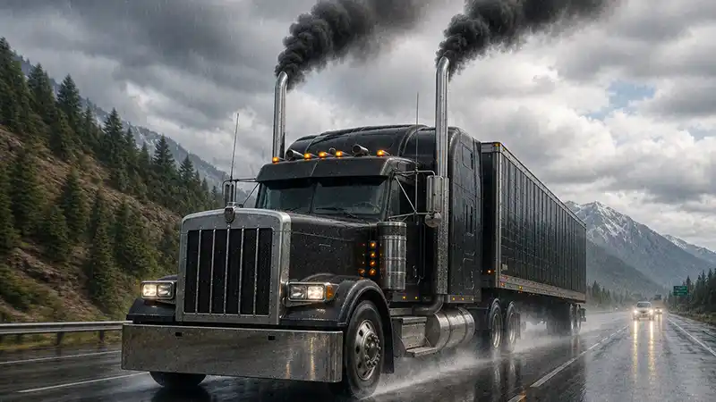 Semi Truck DPF Problems Semi truck driving down the highway in the rain billowing smoke from exhaust stacks