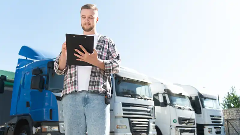 How to Start a Trucking Company Step by Step New owner-operator standing beside a semi truck reviewing startup paperwork.