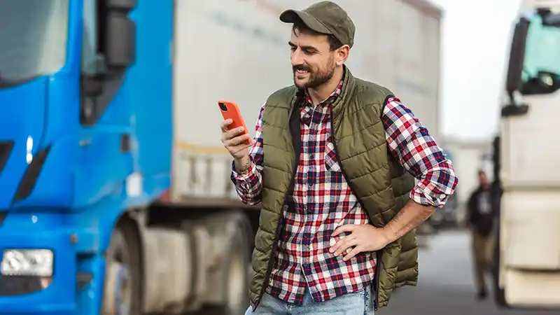 Owner-operator reviewing a freight invoice and payment on a phone at a truck stop.