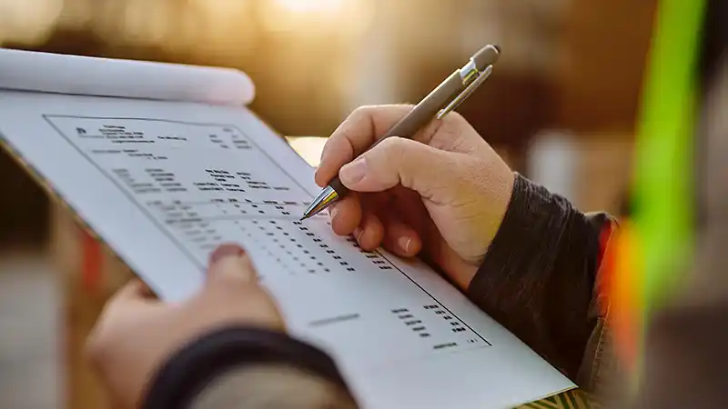 Truck driver checking a clock and logbook representing hours of service limits.