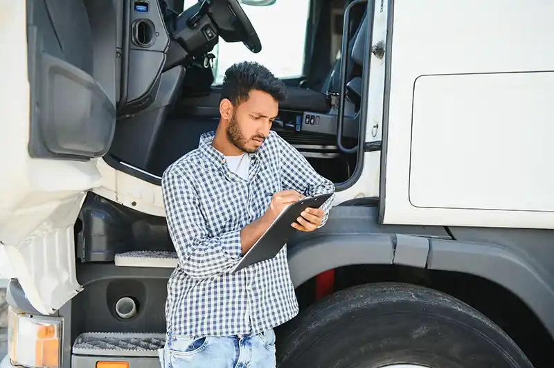 Owner-operator reviewing a printed rate confirmation document in a truck cab.
