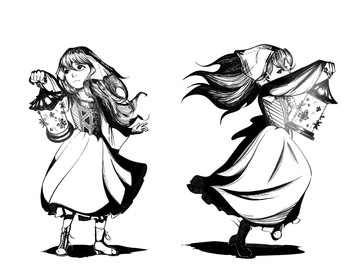 Black and white illustration of a girl holding a lantern with a floral design.