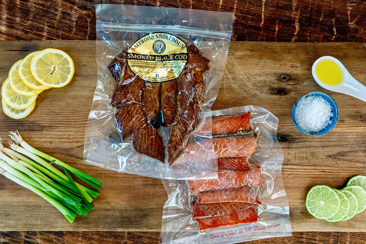 Smoked Black Cod (2 x 8oz), Smoked King Salmon (2 x 8oz), Pepper Smoked King Salmon (2 x 8oz)