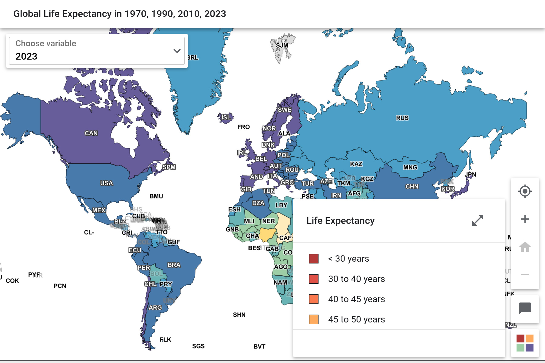 Global Life Expectancy in 1970, 1990, 2010, 2023