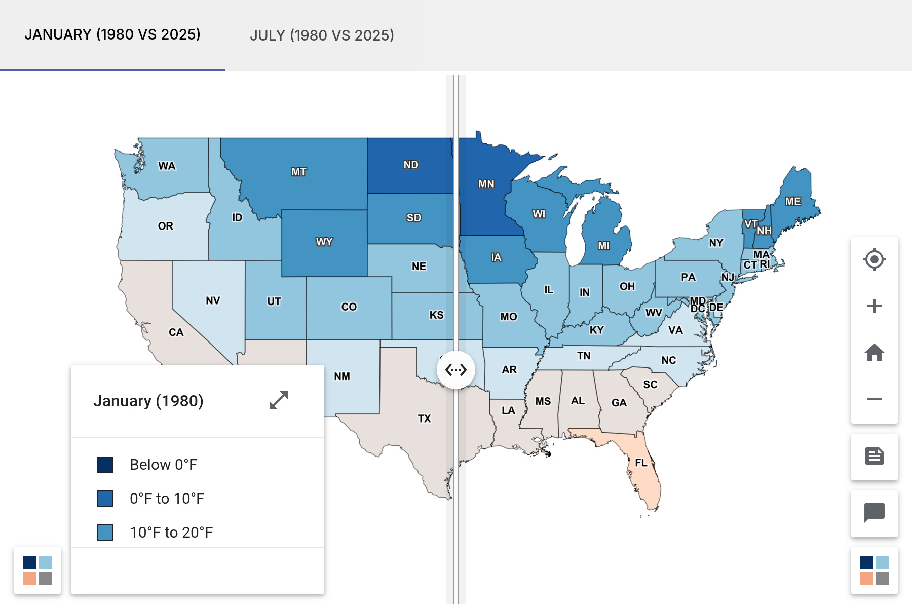 Average Monthly Temperature by U.S. State: January and July (1980 vs 2022)