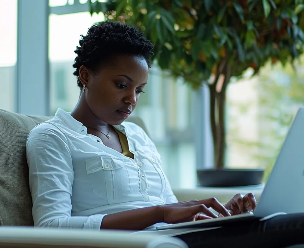 Woman in white shirt sitting on sofa and typing on a laptop in a room with a large plant.