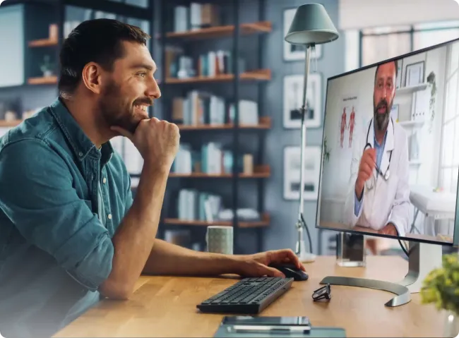 Man sitting at desk having a video consultation with a doctor on a computer monitor.