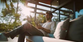 Man sitting on outdoor couch using tablet with sunlight and trees in the background.