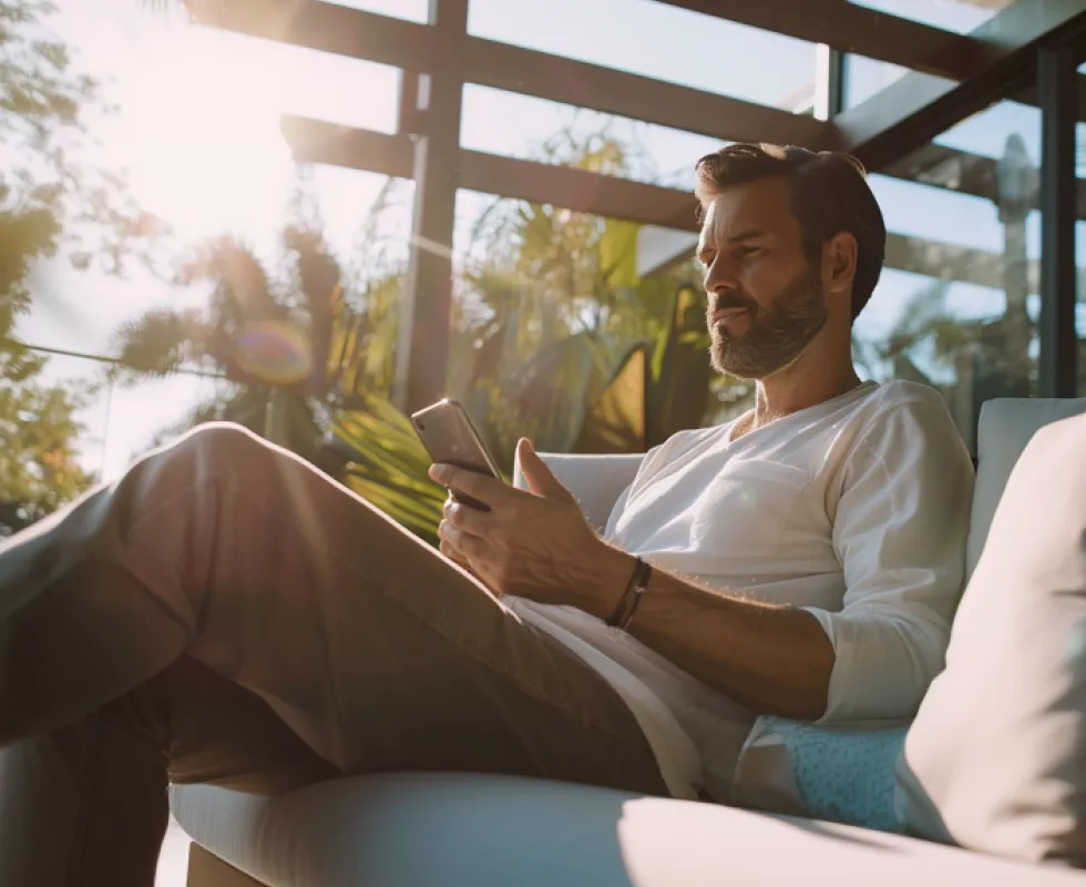 Man with beard sitting on couch using smartphone with sunlight and plants in background.