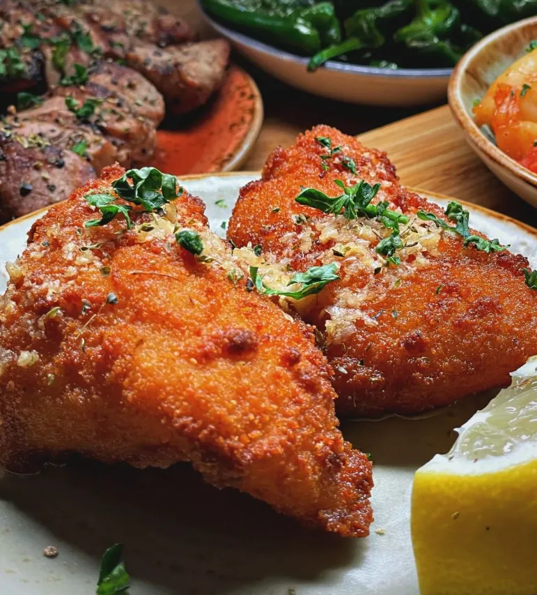 Knusprig gebackene griechische Spezialitäten mit Zitronenspalte und mediterranen Beilagen im Restaurant Mezedes in Hamburg.