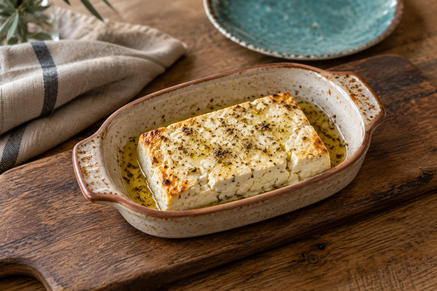 Ofenfeta mit griechischem Olivenöl und Oregano