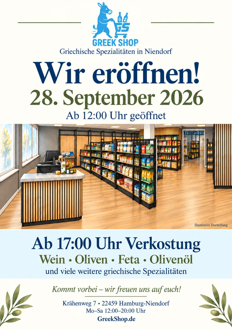 GreekShop Niendorf: Eröffnung / Opening 28.09.2026, 12:00 · Verkostung / Tasting 17:00
