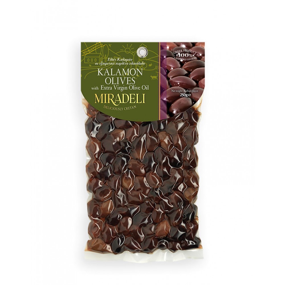 MIRADELI Kalamon-Oliven 250 g vakuumverpackt