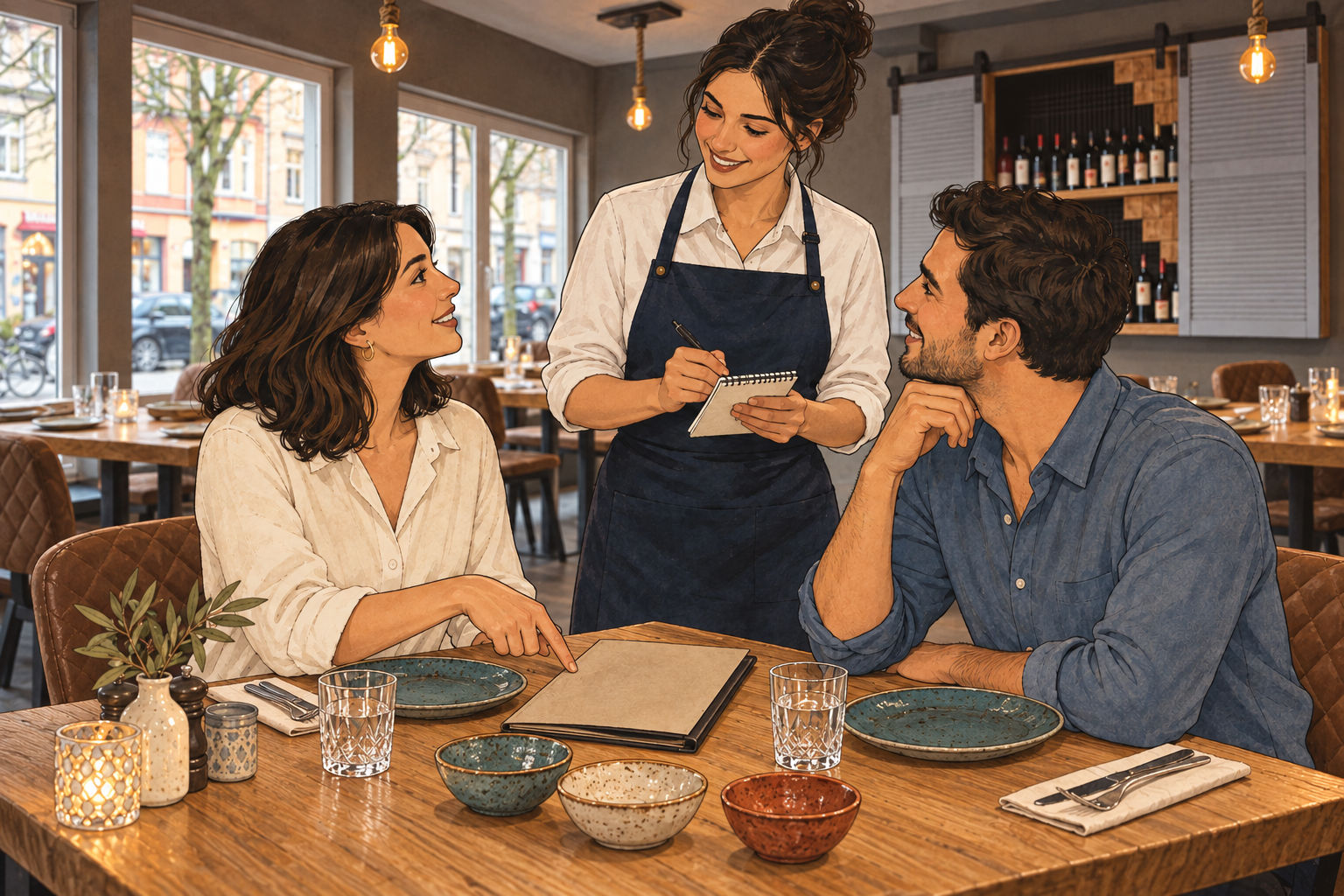 Illustration Schritt 1: Zwei Gäste bestellen beim Service und besprechen ihre Wünsche.