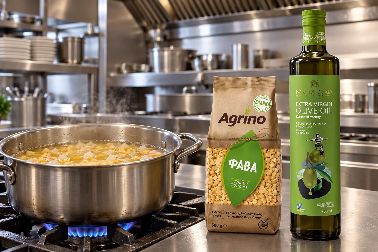 Agrino Fava, Nostalgaia-Olivenöl und Kochtopf auf dem Gasherd einer Edelstahl-Gastronomieküche – KI-Illustration.