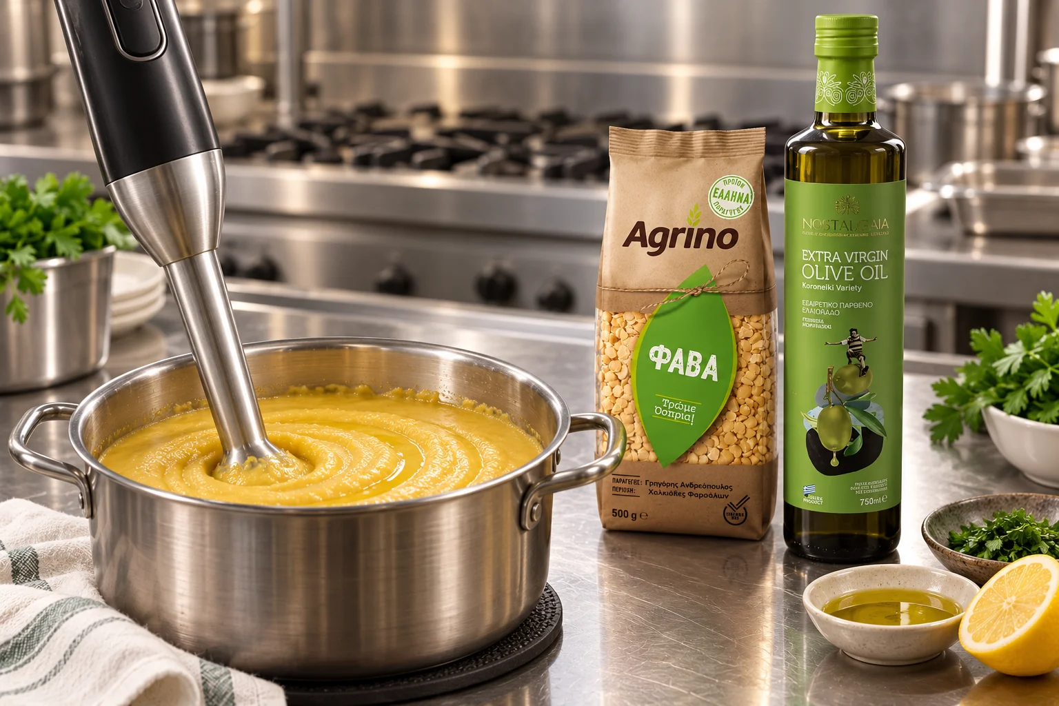Fava mit Pürierstab im Kochtopf, Agrino Fava und Nostalgaia-Olivenöl in einer Edelstahl-Gastronomieküche – KI-Illustration.