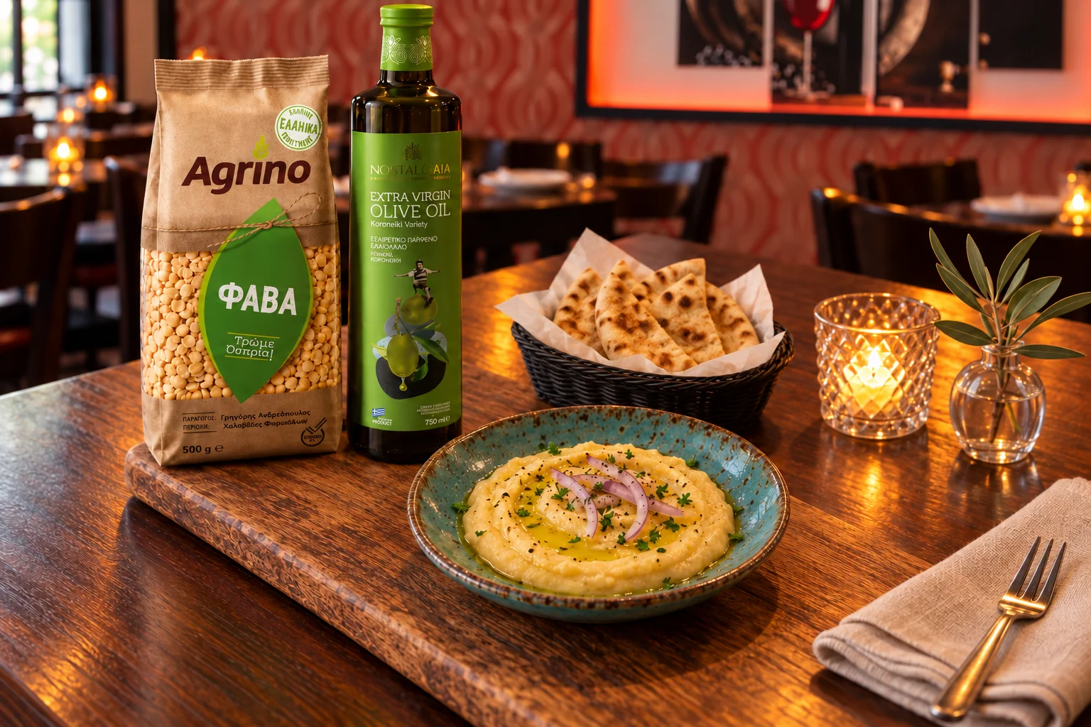 Kleine Fava-Tapa auf türkisfarbenem Teller mit Pitabrotkorb, Tischdeko, Agrino Fava und Nostalgaia-Olivenöl im Mezedes-Restaurant – KI-Serviervorschlag