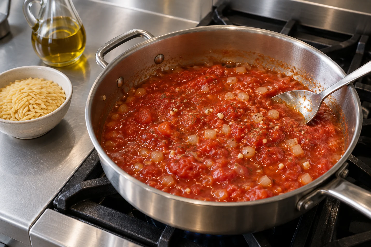 Schritt 1: Tomatensauce mit Zwiebel und Oregano auf dem Gasherd einer Edelstahlküche – KI-Zubereitungsbeispiel