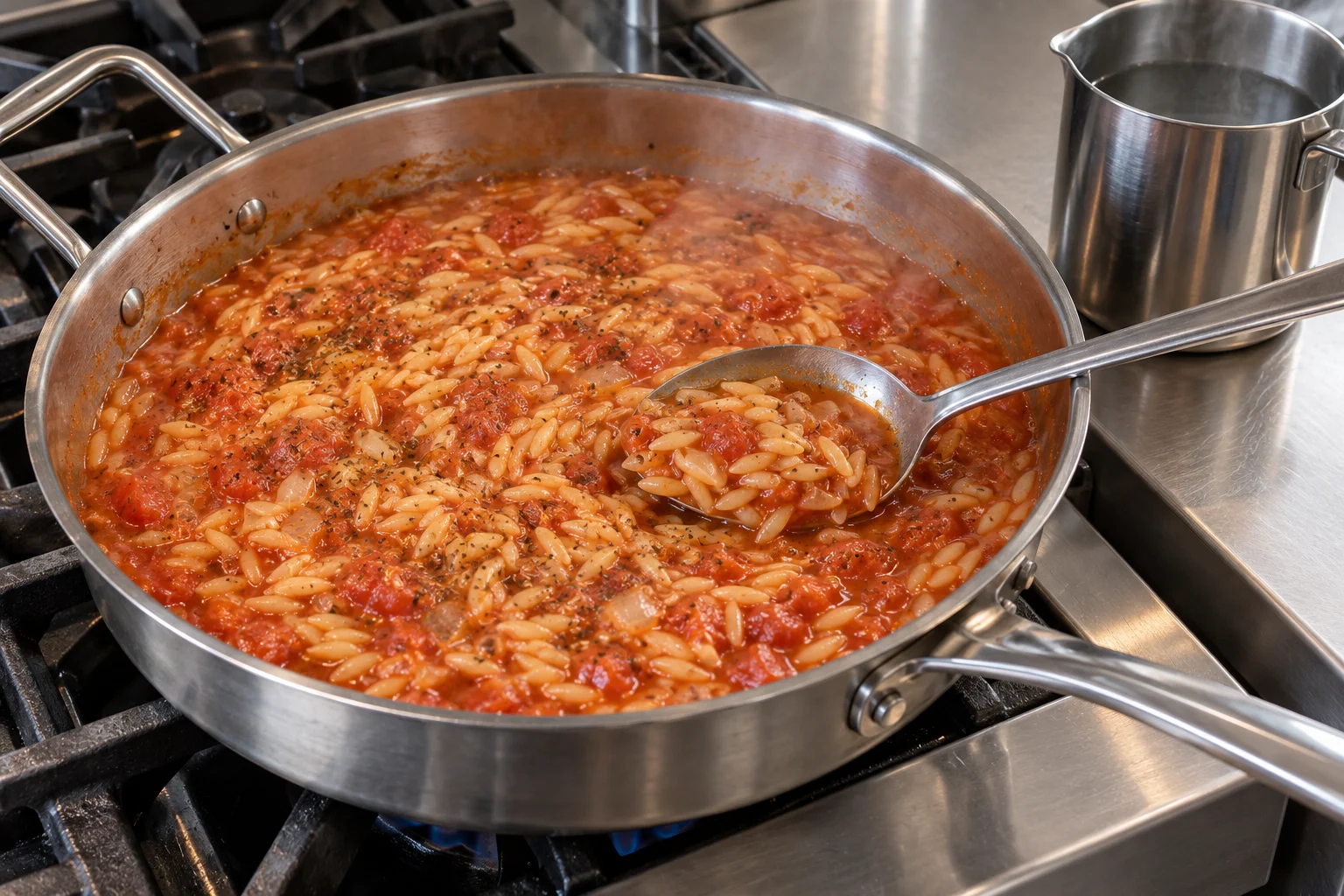 Schritt 2: Kritharaki garen in Tomatensauce; heißes Wasser steht zum Nachgießen bereit – KI-Zubereitungsbeispiel