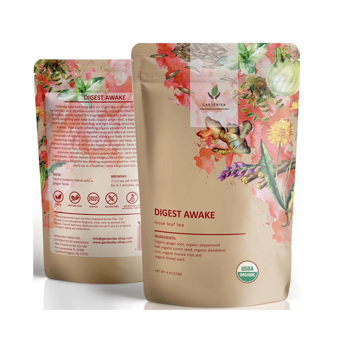 Organic herbal tea blend with ginger, peppermint, and dandelion to aid digestion, soothe bloating, and awaken the senses.