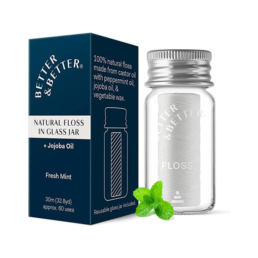 Biodegradable, plant-based floss in a refillable glass jar. A zero-waste oral care ritual that aligns health with ecology.