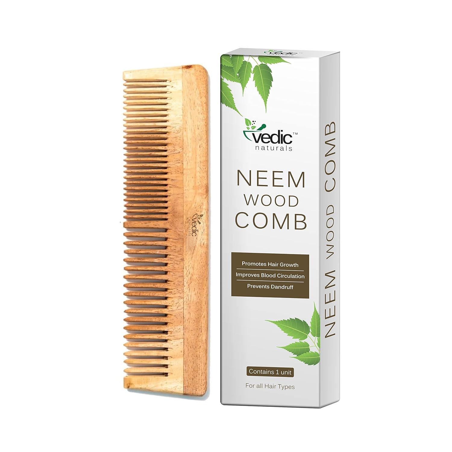 Ayurvedic neem wood comb that supports scalp health, reduces dandruff, and brings balance to daily hair care rituals.
