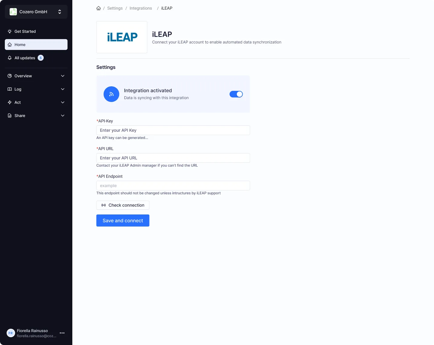 Screenshot of the Cozero Climate Action Platform showing the iLEAP integration