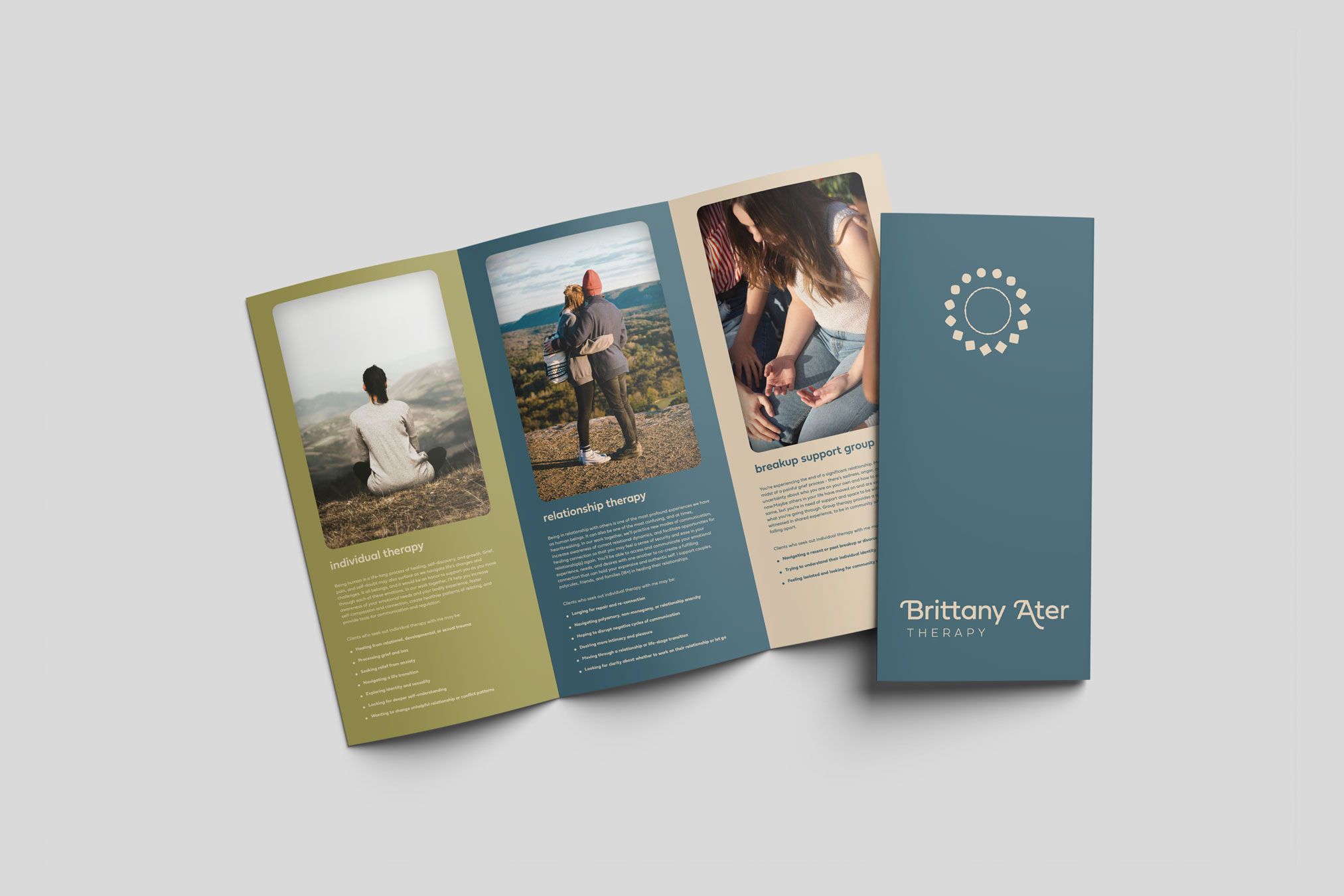 Trifold brochure for Brittany Ater Therapy featuring sections on individual therapy, relationship therapy, and breakup support group with photos of a person sitting outdoors, a couple hugging, and a group conversation.