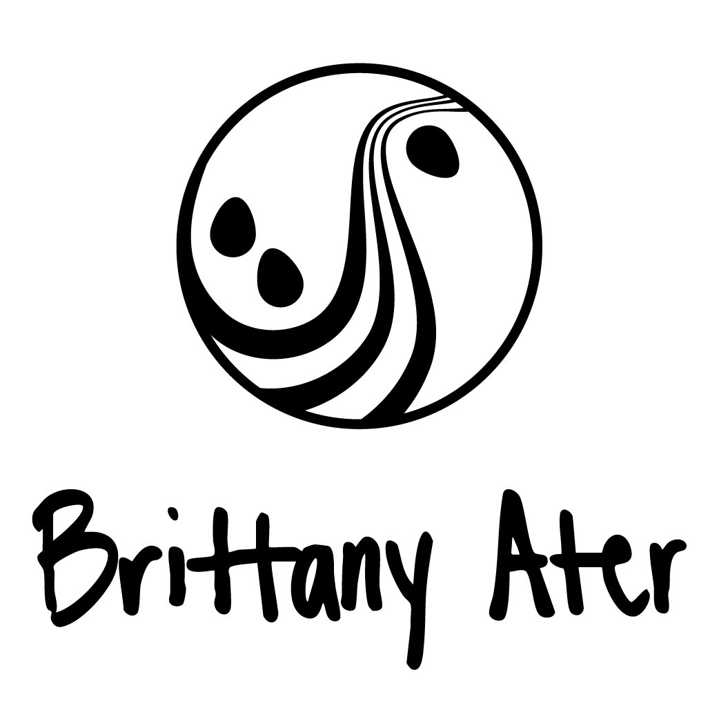 Circular abstract black and white logo above the handwritten name Brittany Atter.