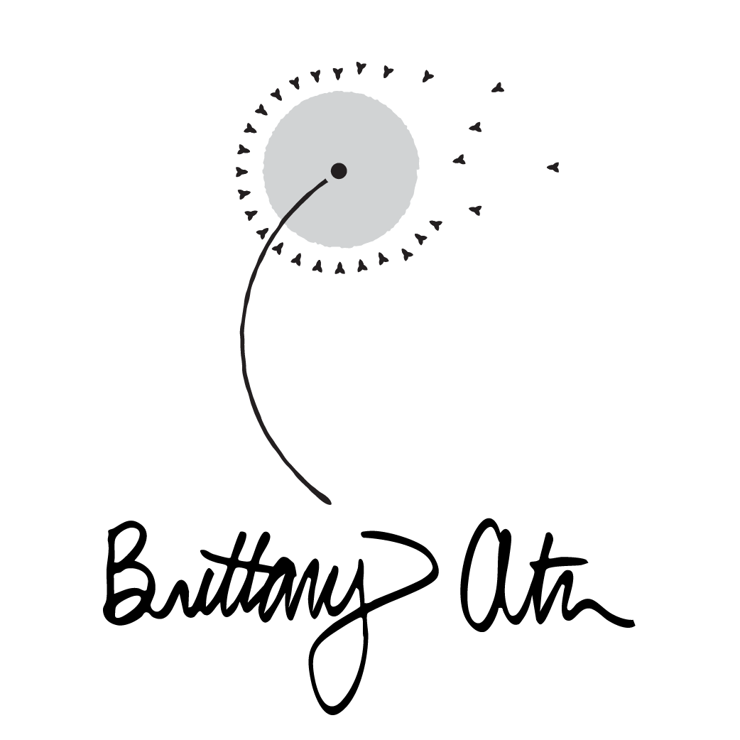 Illustration of a dandelion seed head with seeds blowing away above the handwritten signature 'Brittany Ath'.