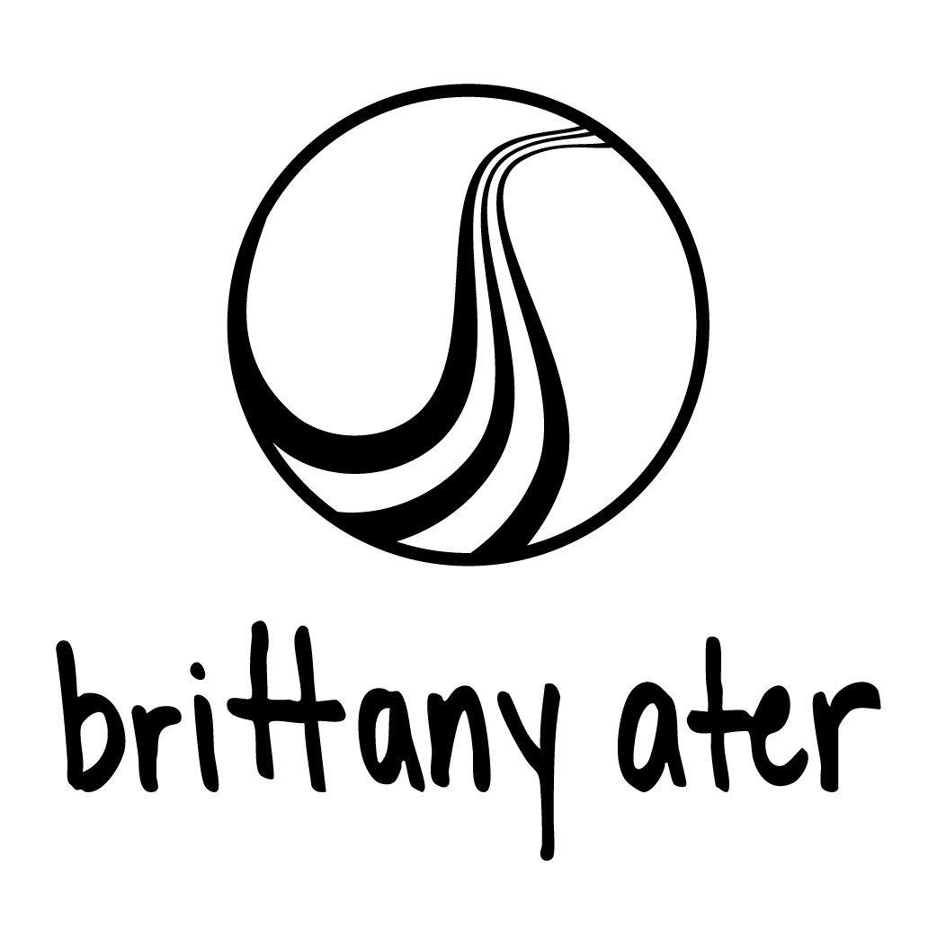 Abstract black and white circular logo with flowing lines above handwritten text reading 'brittany ater'.