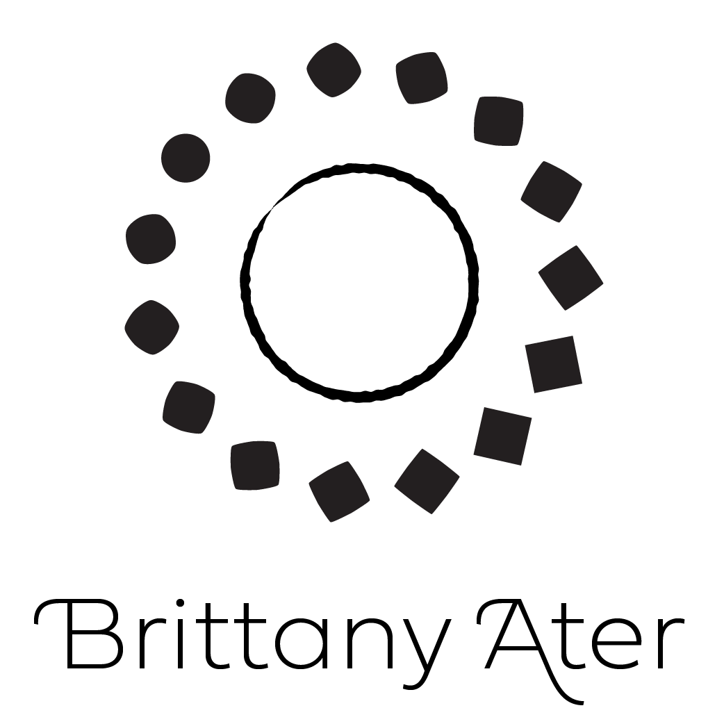 Black circular logo with alternating rounded squares and circles around a wavy inner circle, above the text 'Brittany Ater' in a stylized font.