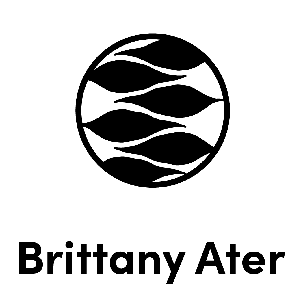 Circular logo with six horizontal black leaf shapes inside above the name Brittany Ater in bold black text.
