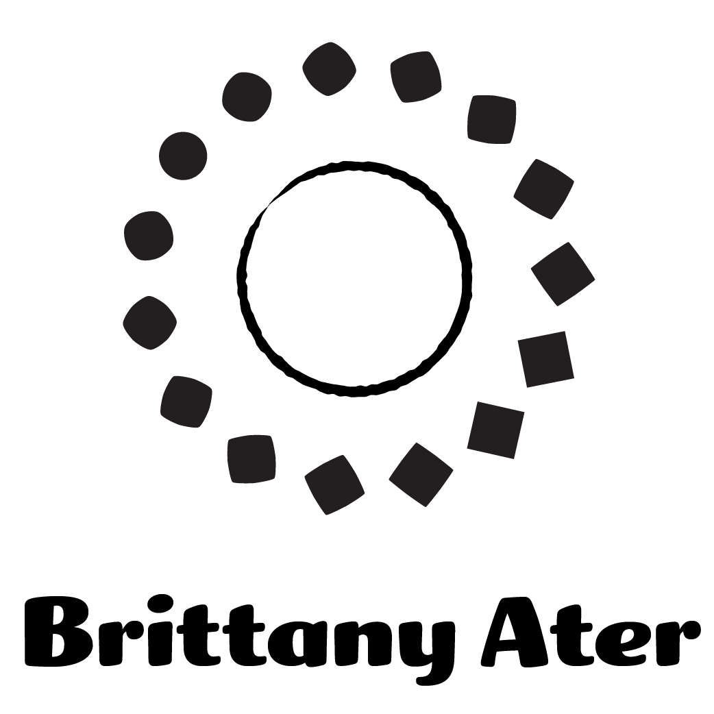 Logo with a circular arrangement of black shapes surrounding a thin black circle, and the name 'Brittany Ater' below it.