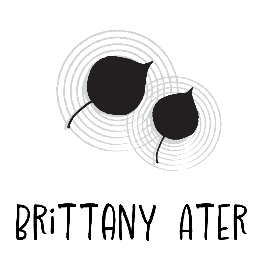 Logo with two black leaves, one larger and one smaller, surrounded by concentric grey circles above the text 'BRITTANY ATER' in stylized black font.