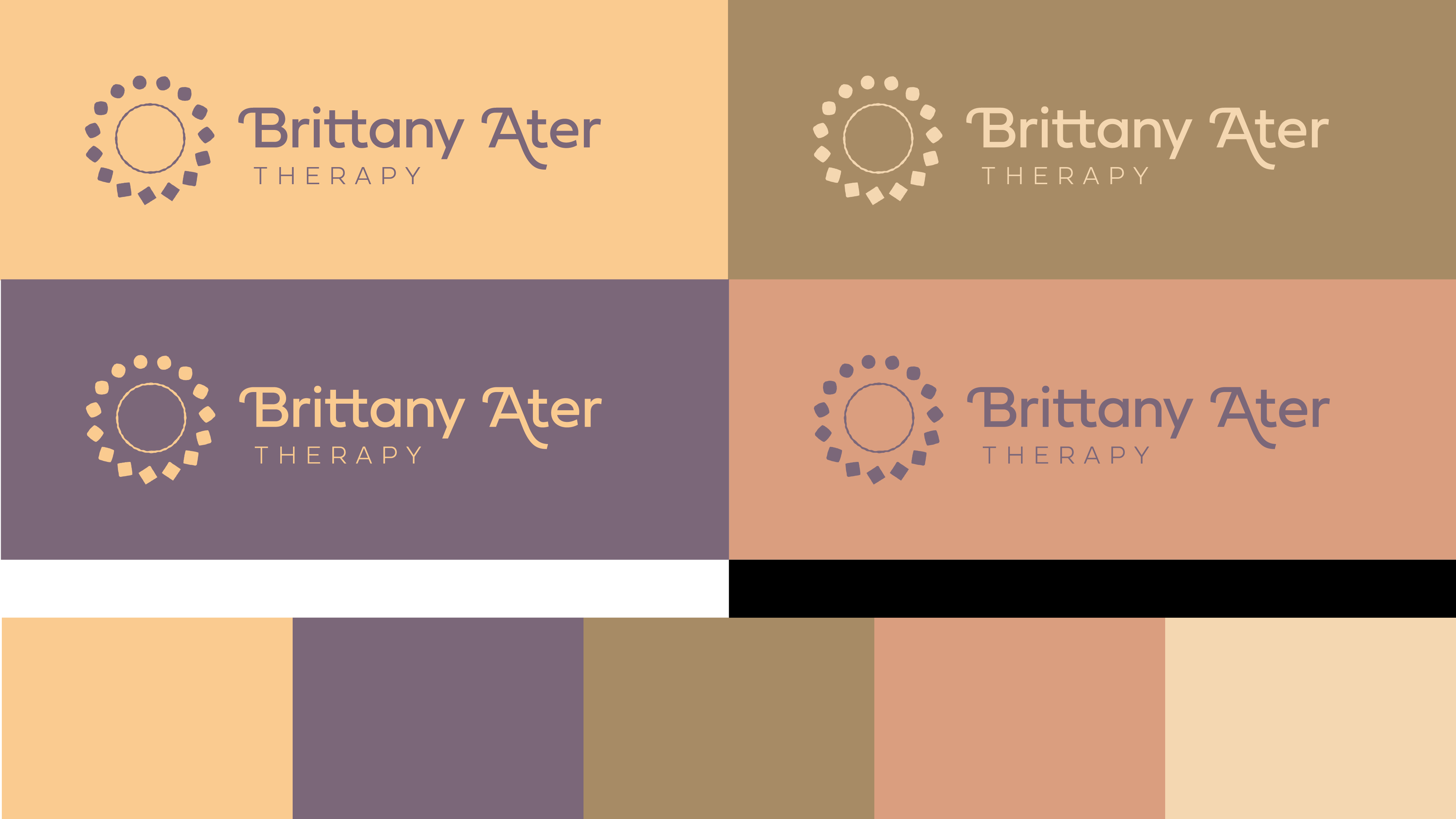 Four variations of the 'Brittany Ater Therapy' logo with circular sun-like icon in purple, beige, taupe, and peach backgrounds, plus five matching color swatches below.