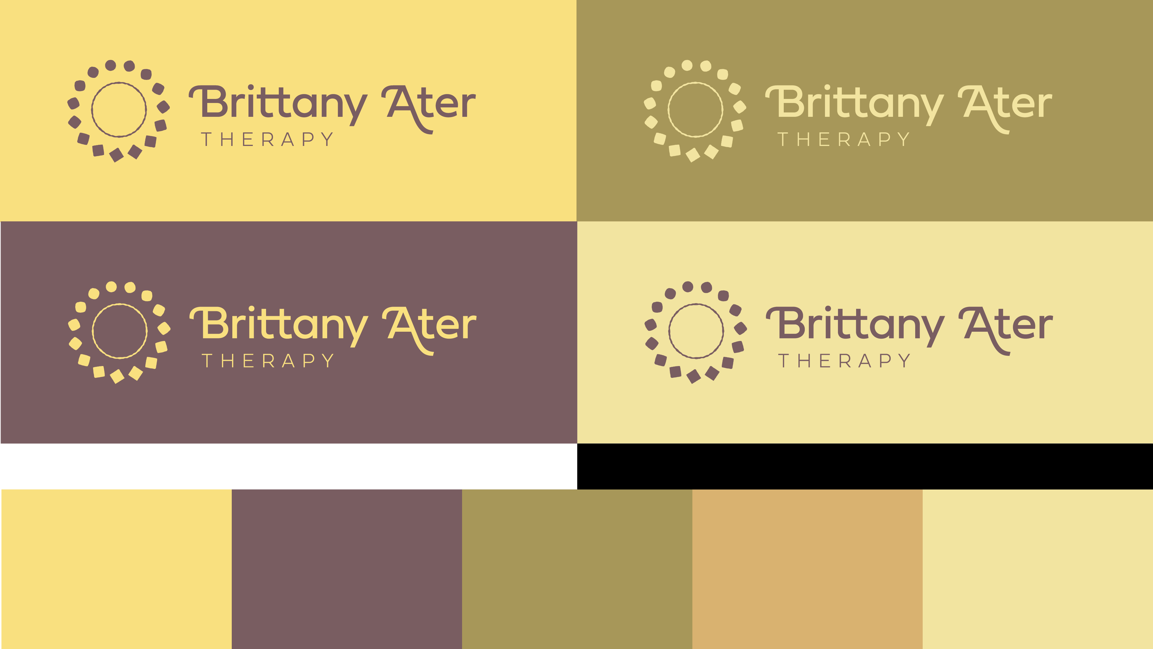 Four variations of the Brittany Ater Therapy logo with circular sun-like icon and text on different yellow, brown, and gold backgrounds, with color swatches below.