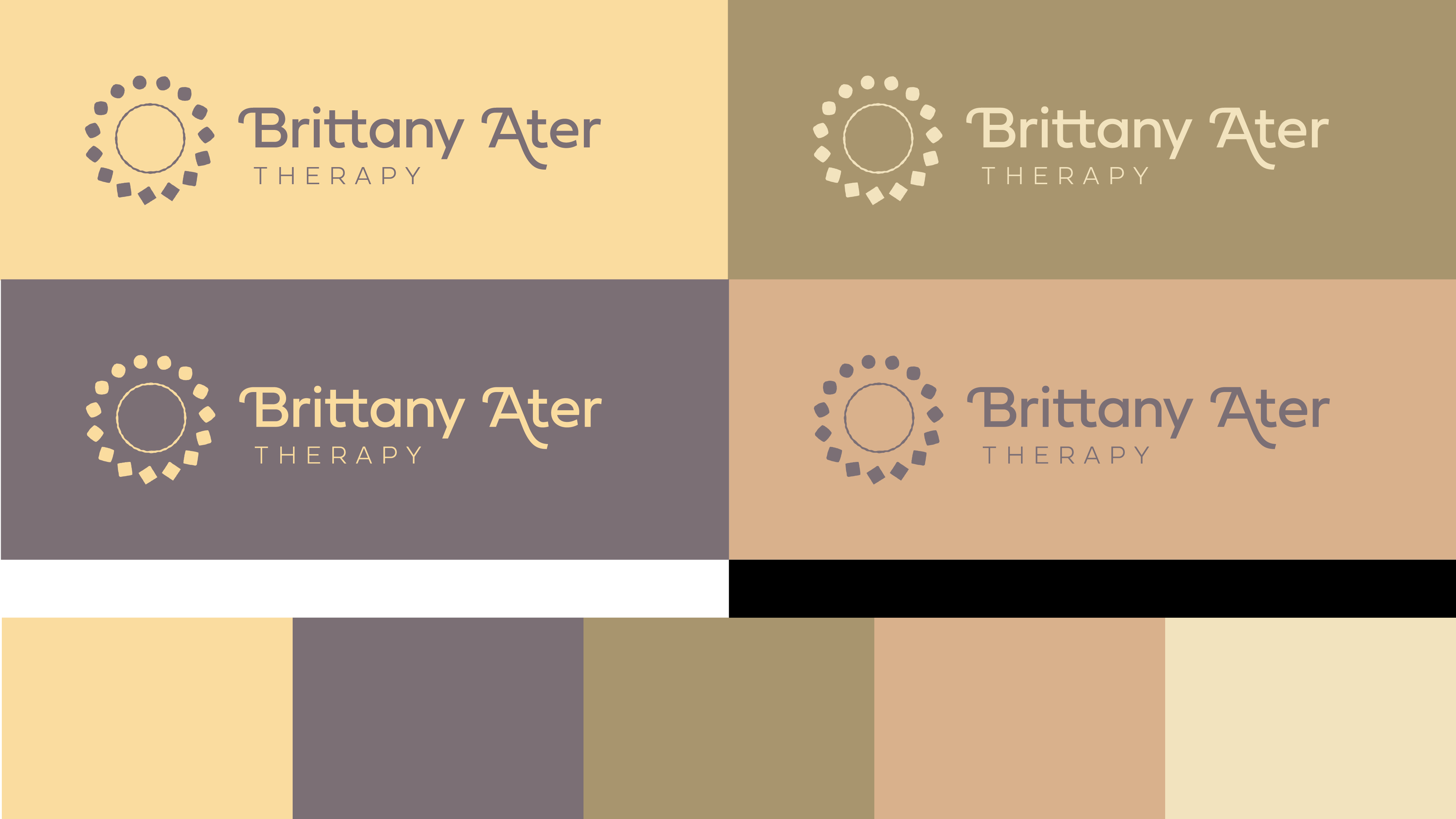 Color variation logo designs for Brittany Ater Therapy featuring a circular sun-like symbol and text in different warm neutral color palettes with matching color swatches below.