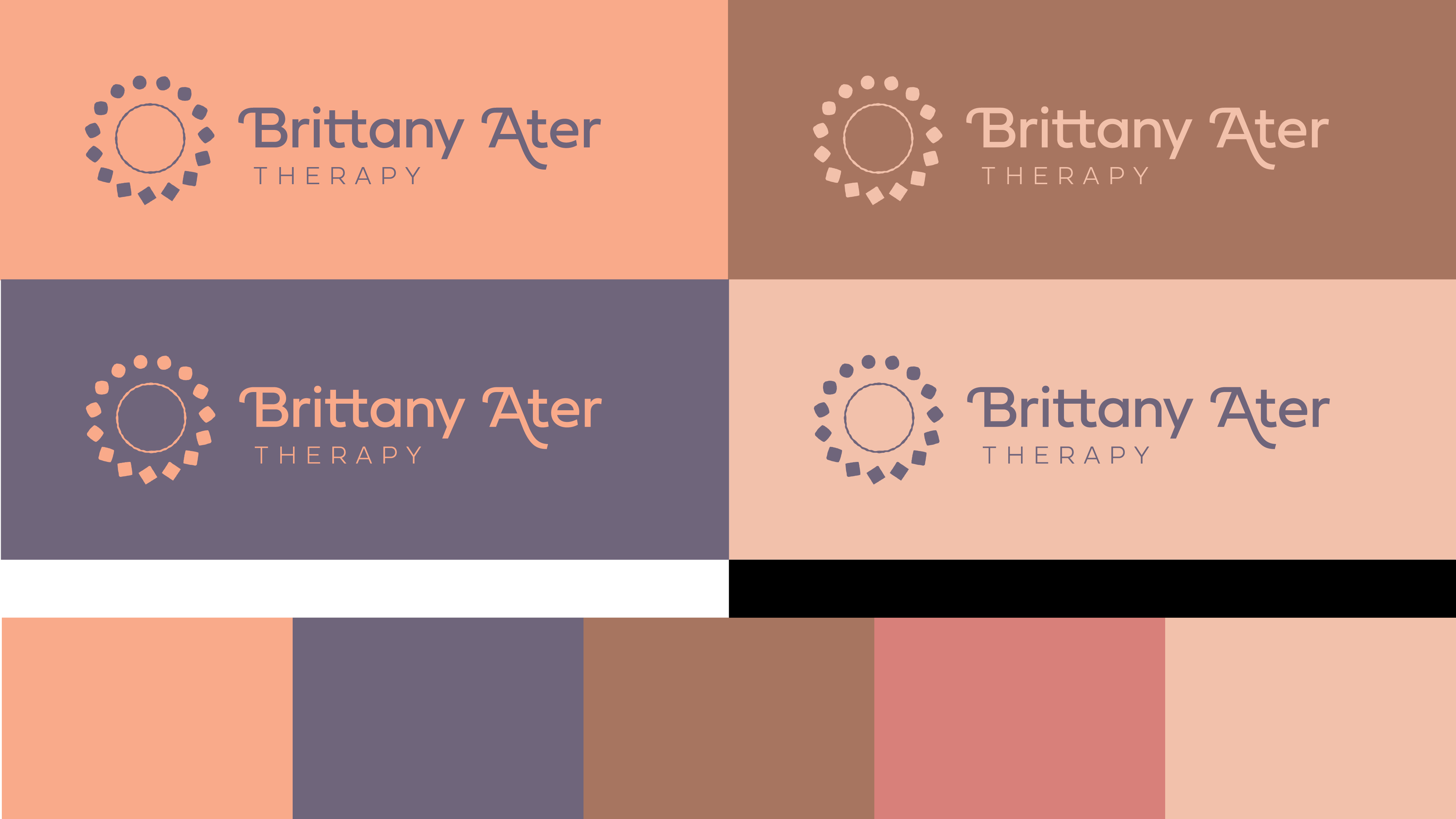 Four variations of the 'Brittany Ater Therapy' logo featuring a circular decorative icon and stylized text, each on different muted peach, brown, and purple backgrounds with corresponding color palettes below.