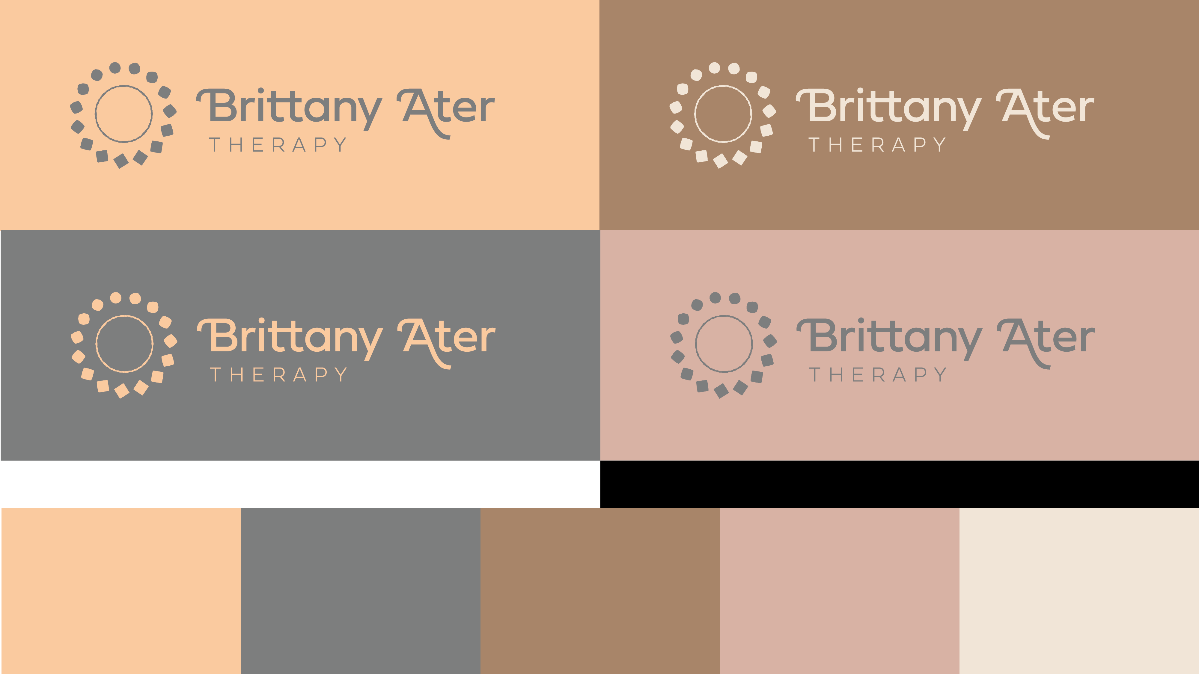 Four variations of Brittany Ater Therapy logo with a circular dotted design and stylized text on different beige, brown, gray, and pink backgrounds, accompanied by matching color swatches below.