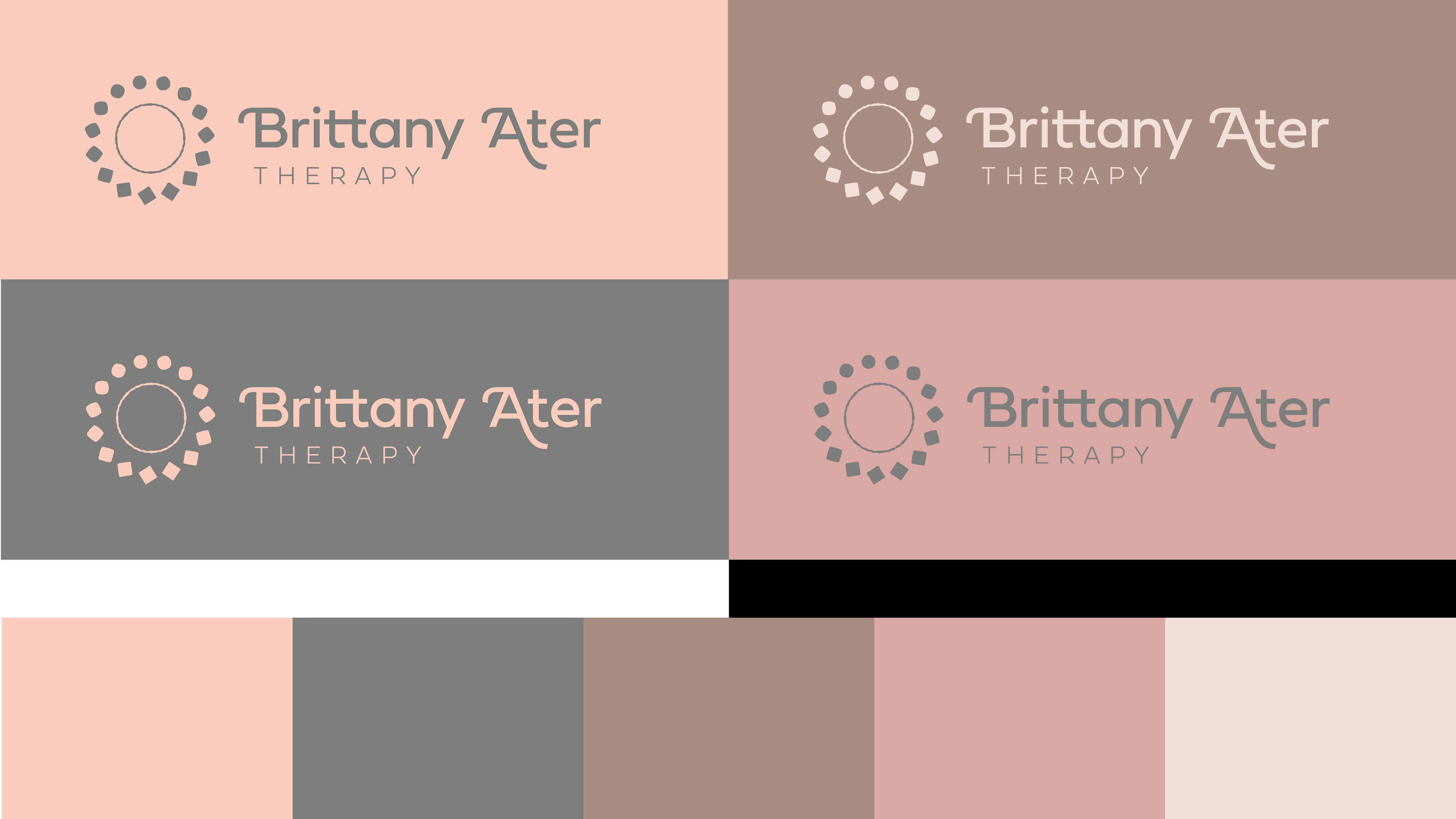 Four variations of 'Brittany Ater Therapy' logo featuring a circular dotted design, displayed on different muted pastel and earth tone backgrounds with matching text colors.