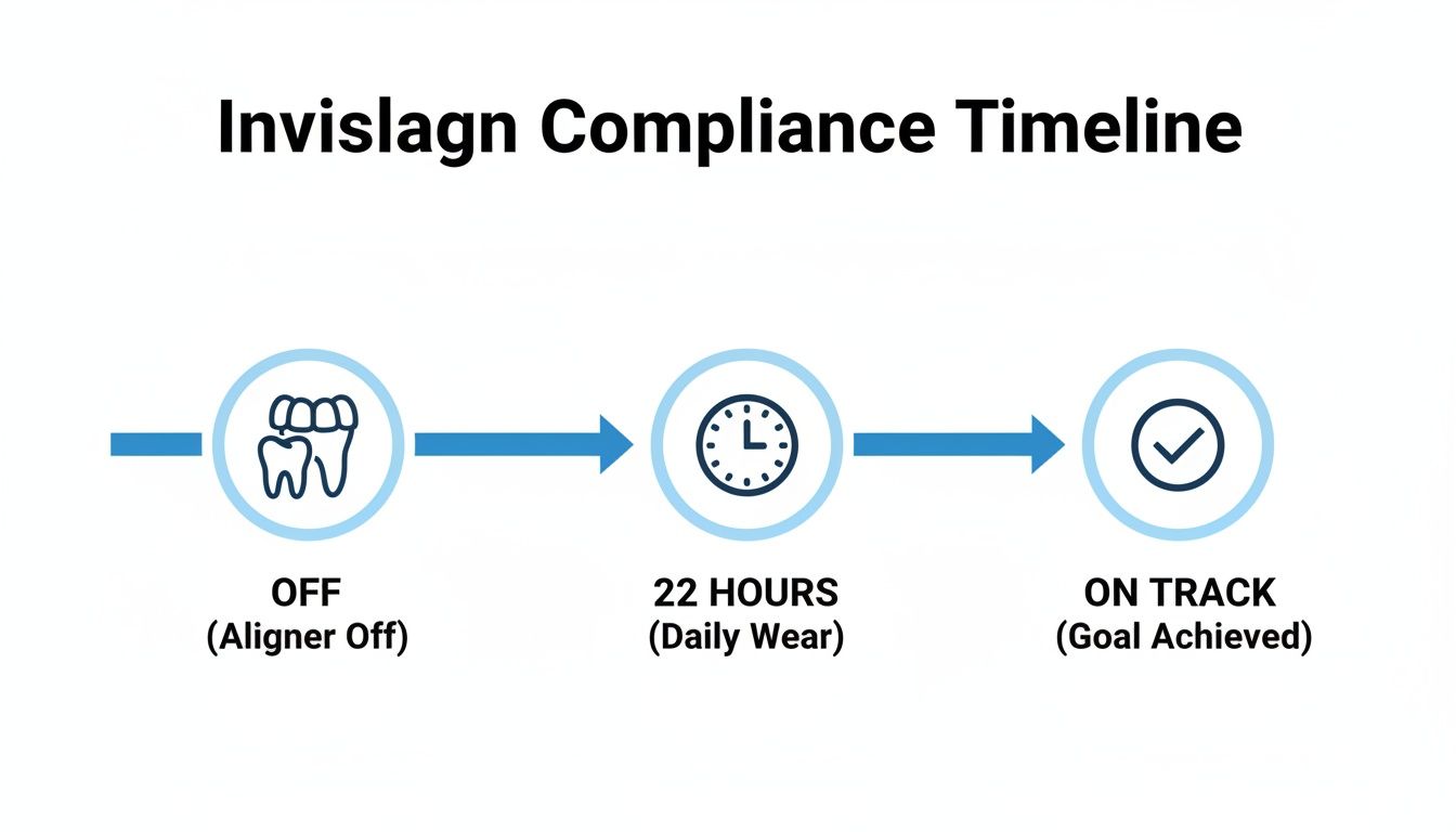 A timeline showing Invisalign compliance stages: aligner off, 22 hours daily wear, and goal achieved.